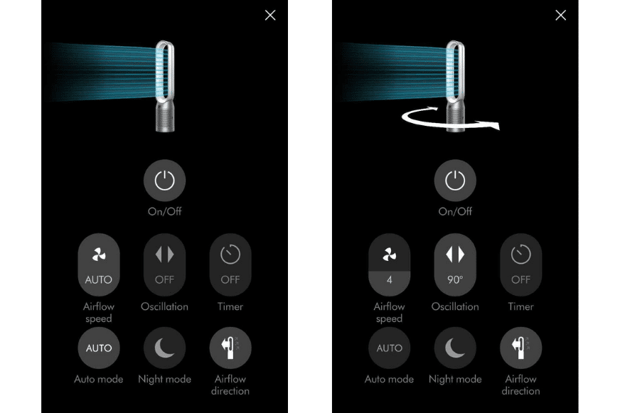Per Dyson Link App hat man dieselben Steuerungsmöglichkeiten wie mit der Fernbedienung, zusätzlich eine bildliche Darstellung vom Luftreiniger.
